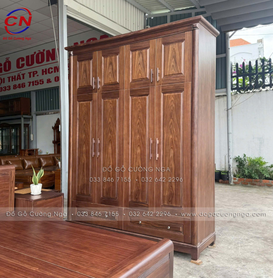 Tủ Áo Gỗ Óc Chó 4 Cánh 2 Tầng Nhiều Không Gian Cất Đồ