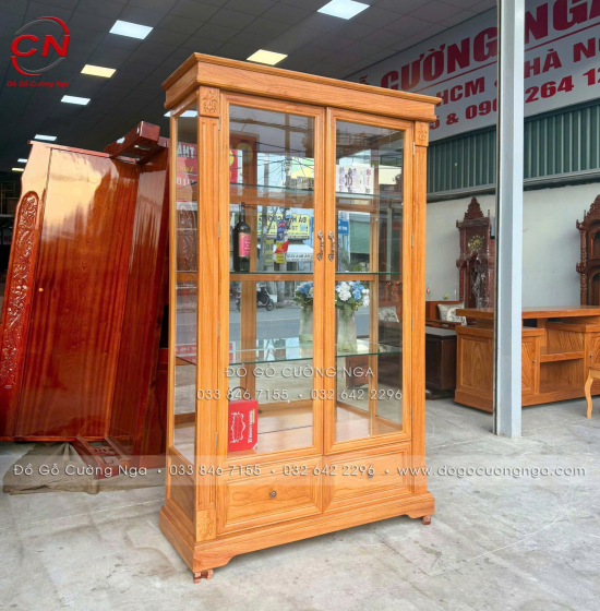 Tủ Rượu Gỗ Gõ Đỏ 1m2 Thiết Kế 2 Cánh Kính Sang Trọng