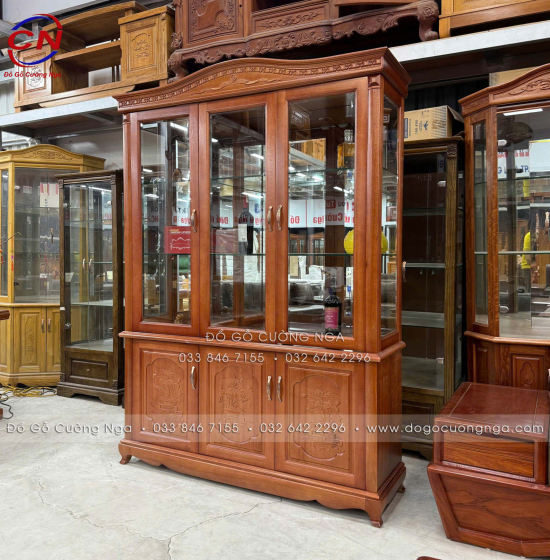 Tủ rượu gỗ Xoan Đào cao cấp 1m45 - phào cong TG 024