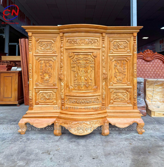 Tủ Thờ Gỗ Gõ Đỏ Chạm Tam Đa 1m75 Cổ Điển Trang Nghiêm