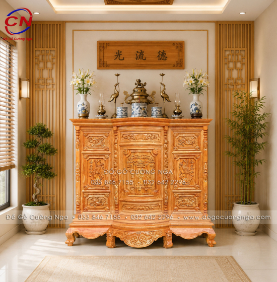 Tủ Thờ Gỗ Gõ Đỏ Chạm Tam Đa 1m75 Cổ Điển Trang Nghiêm