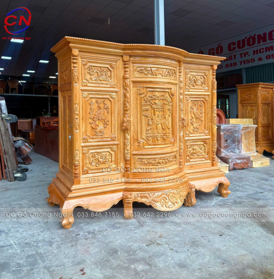 Tủ Thờ Gỗ Gõ Đỏ Chạm Tam Đa 1m75 Cổ Điển Trang Nghiêm