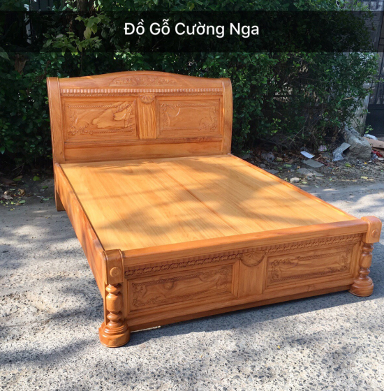 Giường gỗ gõ đỏ vạt phản - quạt x cong 