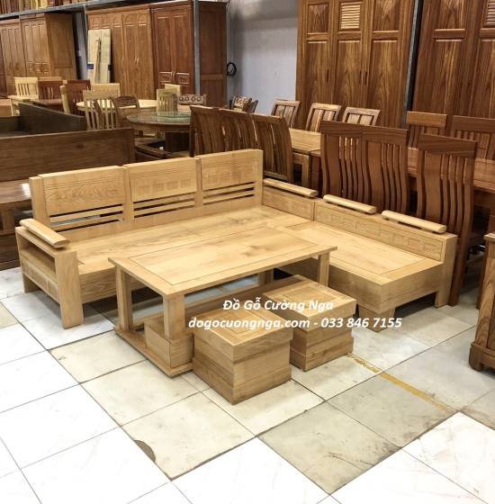 Bàn Ghế Sofa Gỗ Sồi Nga 2mx1m8 Góc L Tay Trứng - Màu Tự Nhiên 