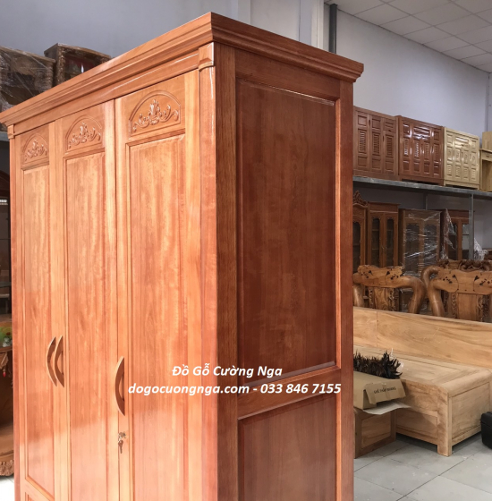 Tủ quần áo gỗ xoan đào 3 cánh giá rẻ - mẫu vòm 