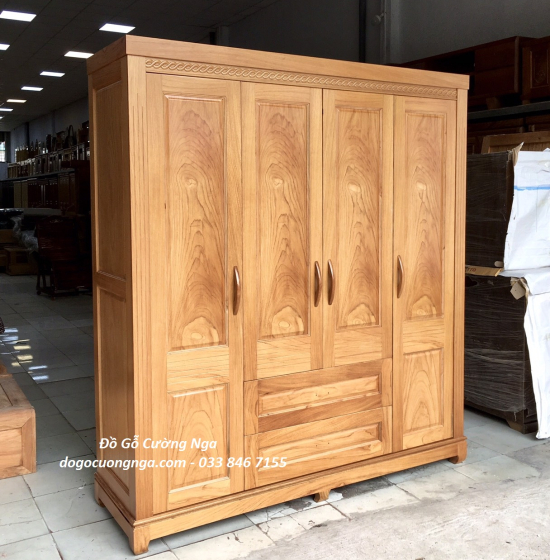 Tủ áo gỗ gõ đỏ 4 cánh mẫu trơn 