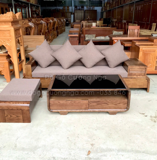 Bộ Bàn Ghế Sofa Gỗ Sồi Nga Lau Màu Óc Chó - 2m3 Chân Cuốn 
