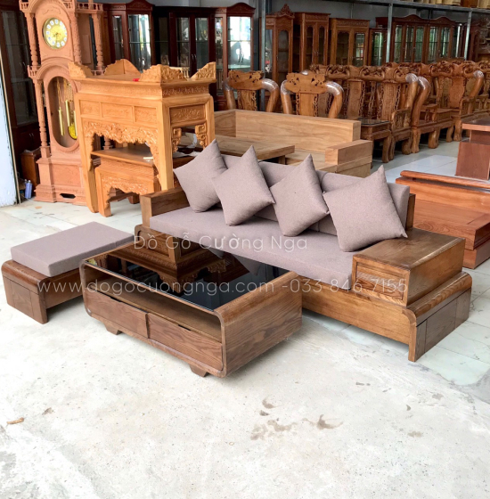 Bộ Bàn Ghế Sofa Văng Cuốn Gỗ Sồi Nga 2m3 - Lau Màu Óc Chó Kèm Nệm 