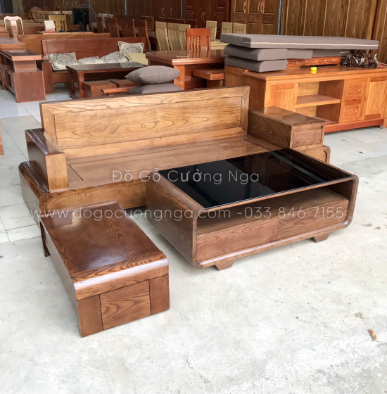 Bộ Bàn Ghế Sofa Gỗ Sồi Nga Lau Màu Óc Chó - 2m3 Chân Cuốn 