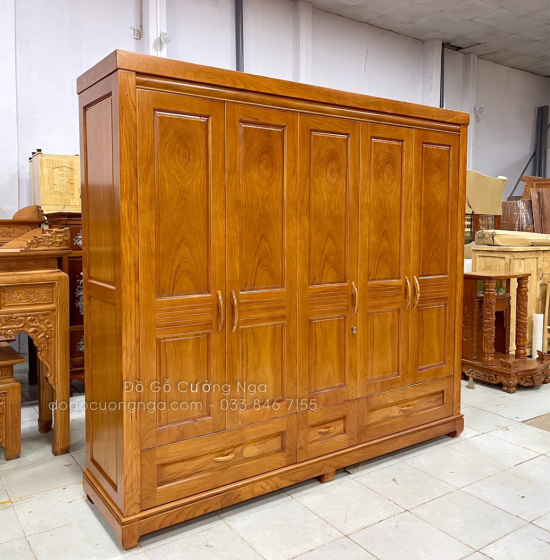 Tủ Quần Áo Gỗ Gõ Đỏ Hiện Đại 5 Cánh Sang Trọng 