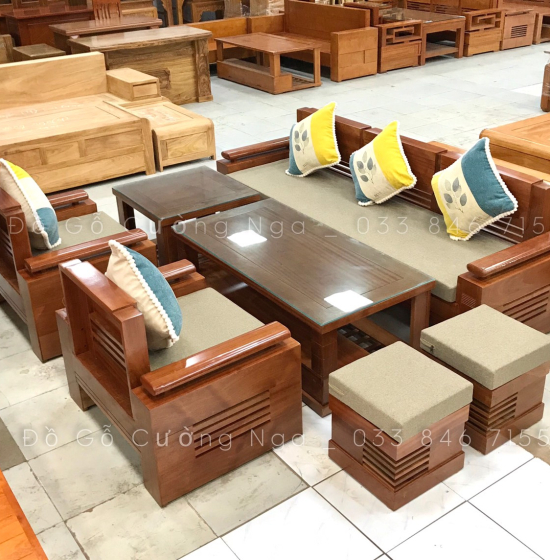 Bàn Ghế Sofa Gỗ Xoan Đào Đối Tay Trứng Kèm Nệm  
