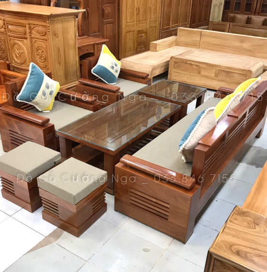 Bàn Ghế Sofa Gỗ Xoan Đào Đối Tay Trứng Kèm Nệm  