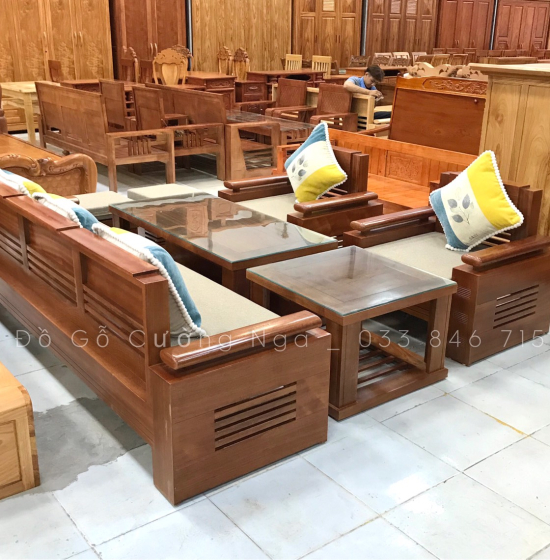 Bàn Ghế Sofa Gỗ Xoan Đào Đối Tay Trứng Kèm Nệm  