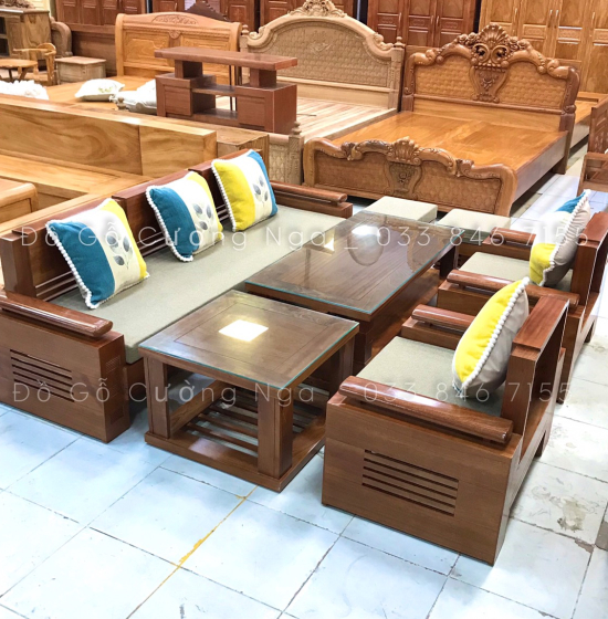 Bàn Ghế Sofa Gỗ Xoan Đào Đối Tay Trứng Kèm Nệm  