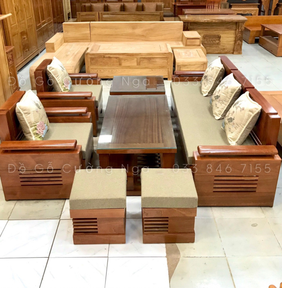 Bàn Ghế Sofa Gỗ Xoan Đào Đối Tay Trứng Kèm Nệm  