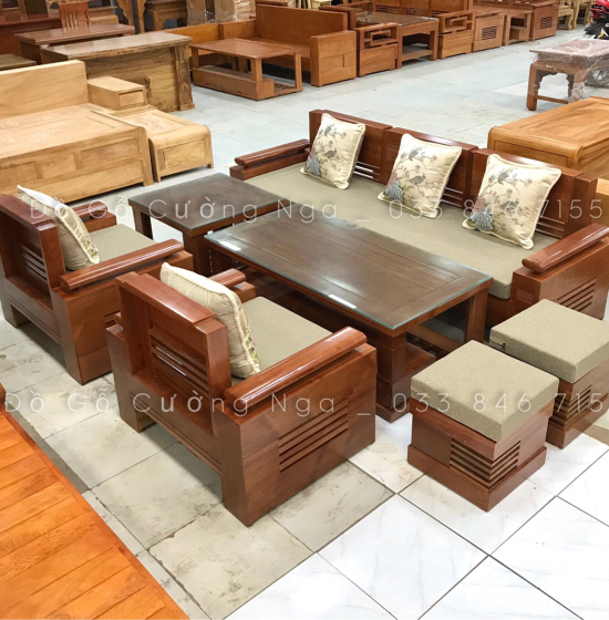 Bàn Ghế Sofa Gỗ Xoan Đào Đối Tay Trứng Kèm Nệm  
