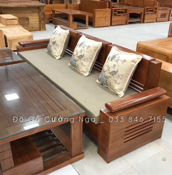 Bàn Ghế Sofa Gỗ Xoan Đào Đối Tay Trứng Kèm Nệm  