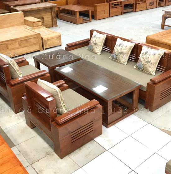Bàn Ghế Sofa Gỗ Xoan Đào Đối Tay Trứng Kèm Nệm  