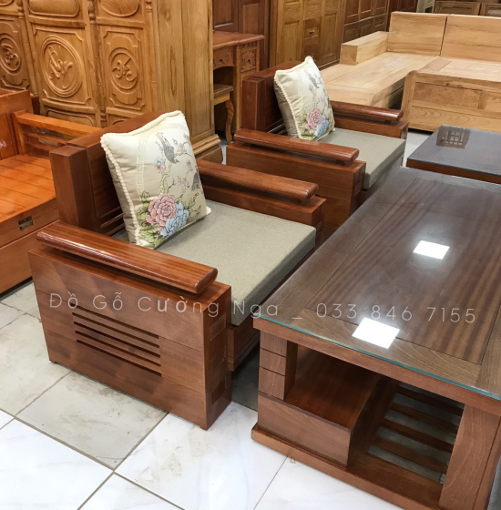 Bàn Ghế Sofa Gỗ Xoan Đào Đối Tay Trứng Kèm Nệm  