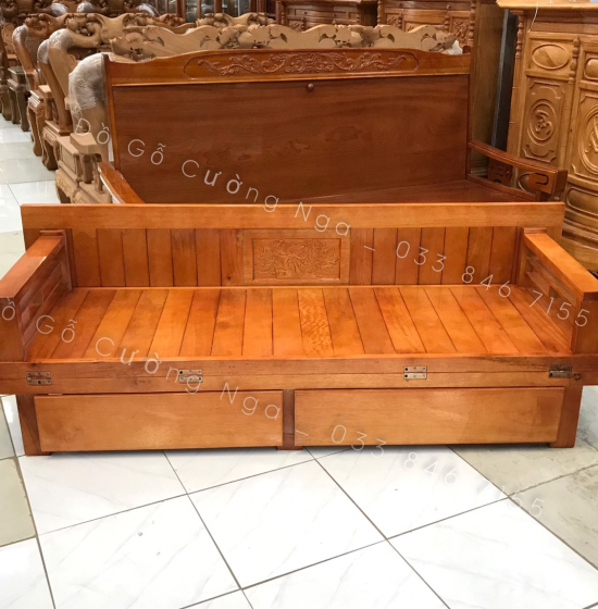 Giường gấp ô kéo gỗ sồi 1m2x1m9 - màu cánh gián 