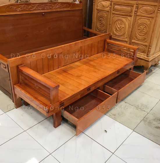 Giường gấp ô kéo gỗ sồi 1m2x1m9 - màu cánh gián 