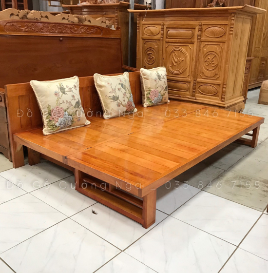 Giường gấp ô kéo gỗ sồi 1m2x1m9 - màu cánh gián 