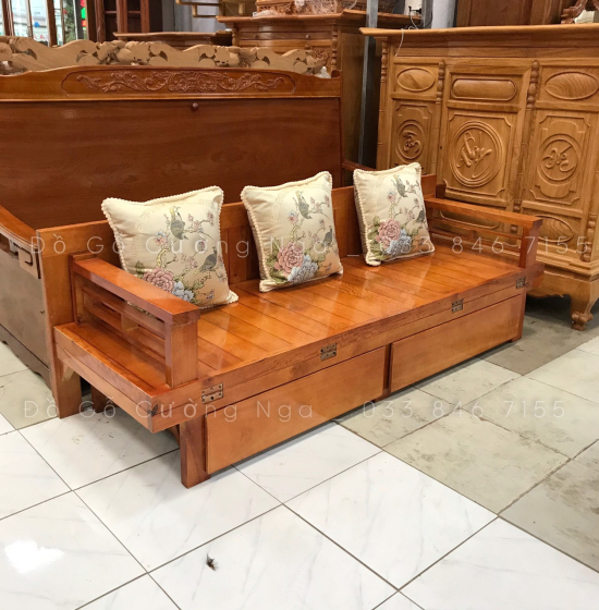 Giường gấp ô kéo gỗ sồi 1m2x1m9 - màu cánh gián 