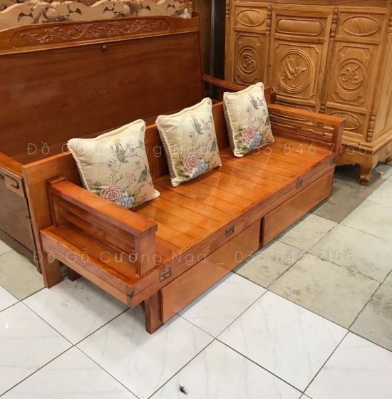 Giường gấp ô kéo gỗ sồi 1m2x1m9 - màu cánh gián 