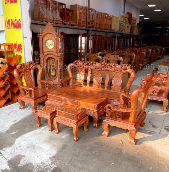 Bộ bàn ghế gỗ hương đá tay 12 chạm đào 