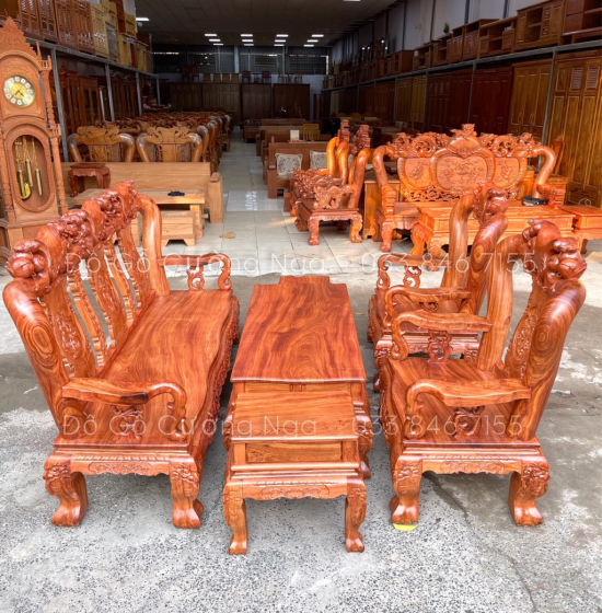 Bộ bàn ghế gỗ hương đá tay 12 chạm đào 