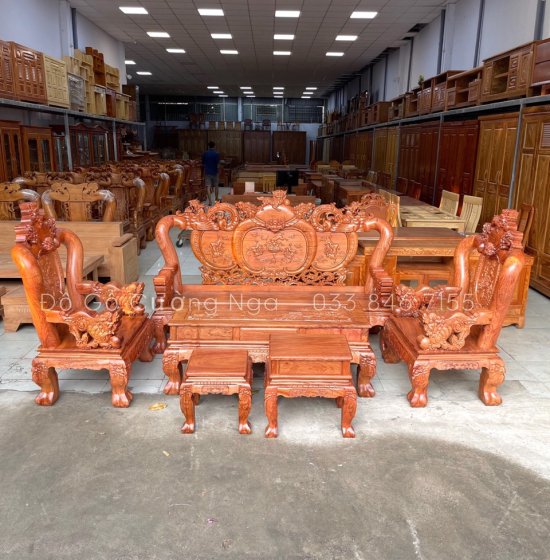 Bộ bàn ghế slaon gỗ hương đá cột 12 - nghê phượng 
