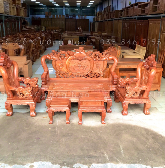 Bộ bàn ghế slaon gỗ hương đá cột 12 - nghê phượng 