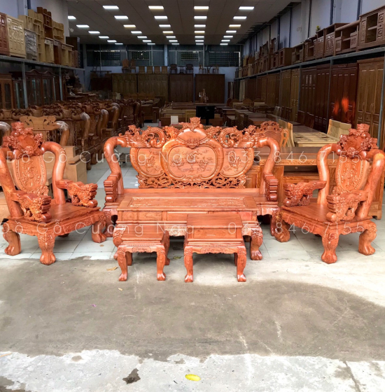 Bộ bàn ghế slaon gỗ hương đá cột 12 - nghê phượng 