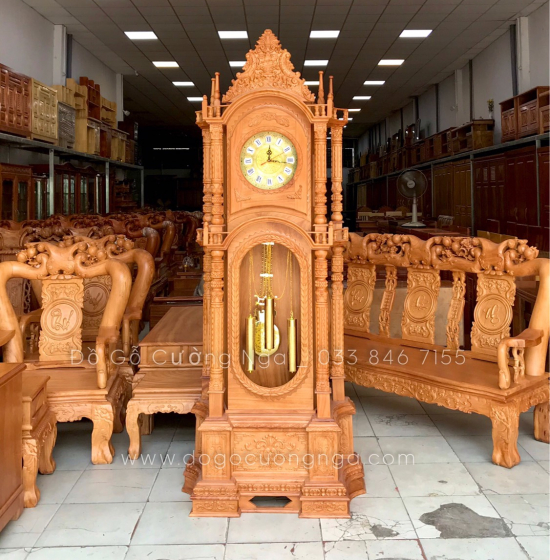Đồng Hồ Cây Gỗ Gõ Đỏ 2m3 - Mẫu Tháp 