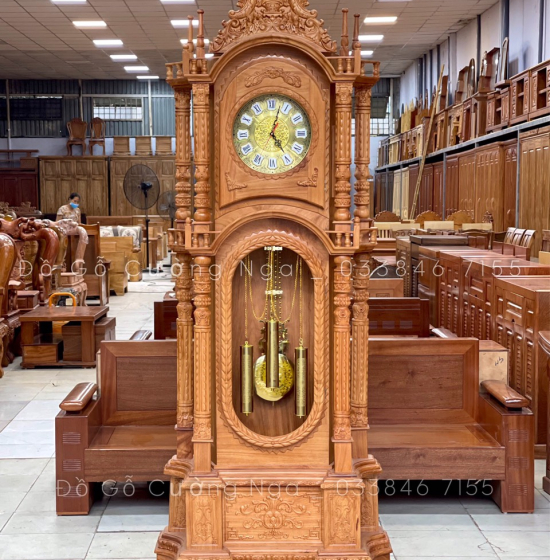 Đồng Hồ Cây Gỗ Gõ Đỏ 2m3 - Mẫu Tháp 