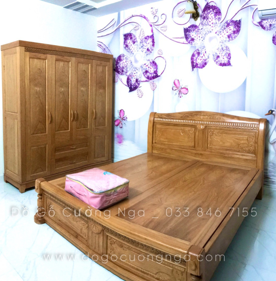 Giường gỗ gõ đỏ vạt phản - quạt x cong 