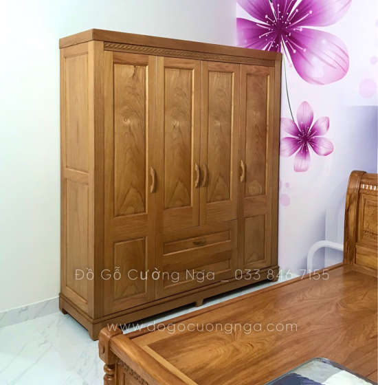 Tủ áo gỗ gõ đỏ 4 cánh mẫu trơn 