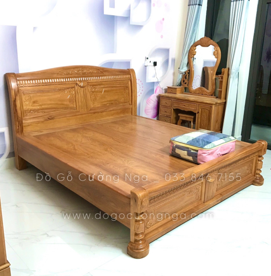 Giường gỗ gõ đỏ vạt phản - quạt x cong 