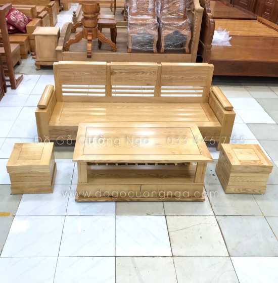 Bàn Ghế Sofa Gỗ Sồi Nga 2mx1m8 Góc L Tay Trứng - Màu Tự Nhiên 
