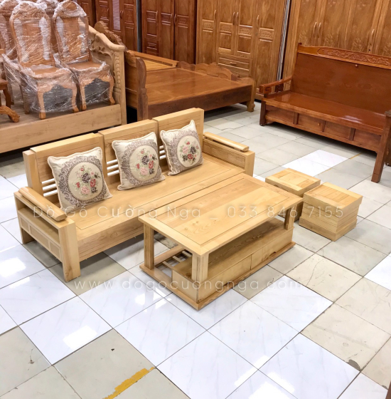 Bộ Ghế Sofa Văng Gỗ Sồi Nga Tay Trứng 2m Màu Tự Nhiên 