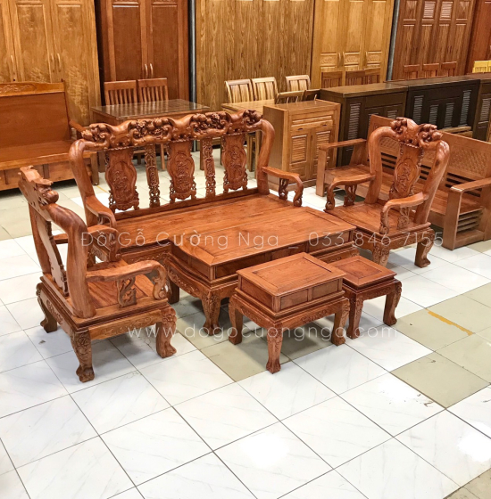 Bộ salon gỗ hương đá chạm đào tay 10 - 6 món cao cấp 