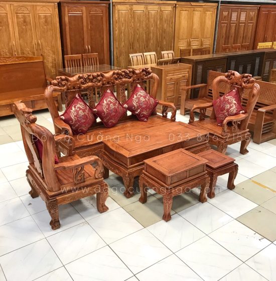 Bộ salon gỗ hương đá chạm đào tay 10 - 6 món cao cấp 