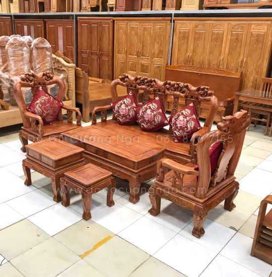 Bộ salon gỗ hương đá chạm đào tay 10 - 6 món cao cấp 