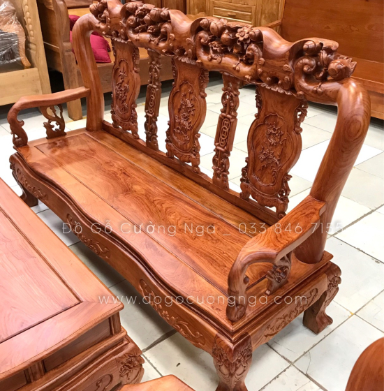 Bộ salon gỗ hương đá chạm đào tay 10 - 6 món cao cấp 