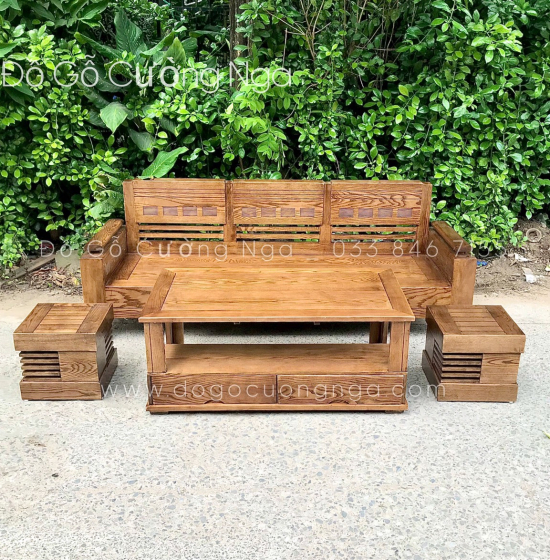 Bộ Ghế Sofa Văng Gỗ Sồi Nga 2m - Lau Màu Óc Chó Kèm Gối Tựa 
