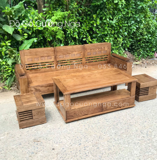 Bộ Ghế Sofa Văng Gỗ Sồi Nga 2m - Lau Màu Óc Chó Kèm Gối Tựa 