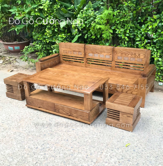 Bộ Ghế Sofa Văng Gỗ Sồi Nga 2m - Lau Màu Óc Chó Kèm Gối Tựa 