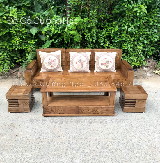 Bộ Ghế Sofa Văng Gỗ Sồi Nga 2m - Lau Màu Óc Chó Kèm Gối Tựa 
