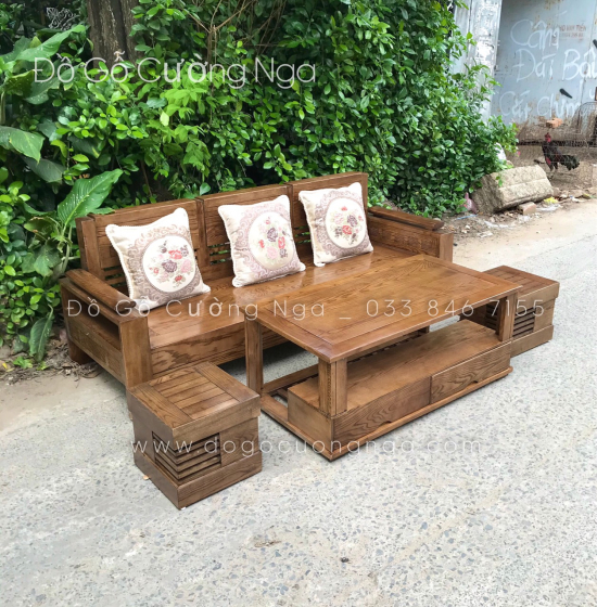 Bộ Ghế Sofa Văng Gỗ Sồi Nga 2m - Lau Màu Óc Chó Kèm Gối Tựa 