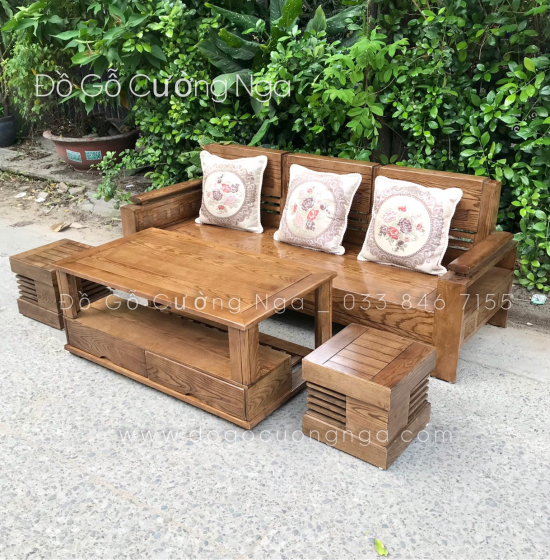 Bộ Ghế Sofa Văng Gỗ Sồi Nga 2m - Lau Màu Óc Chó Kèm Gối Tựa 
